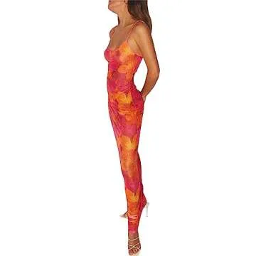 NIKDUCK Women's Summer Sleeveless Dress Floral Printed Bodycon Dress Sexy Backless Dresses Party Club Picnic Low Cut Dress (#5-Red, S)