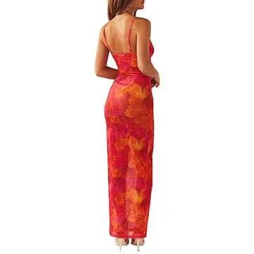 NIKDUCK Women's Summer Sleeveless Dress Floral Printed Bodycon Dress Sexy Backless Dresses Party Club Picnic Low Cut Dress (#5-Red, S)