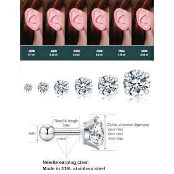 6 Pairs Stud Earrings Set Hypoallergenic Cubic Zirconia 316L Earrings with Secure Flat Back Earrings Surgical Steel Earrings for Cartilage & Everyday Gift-Ready Packaging