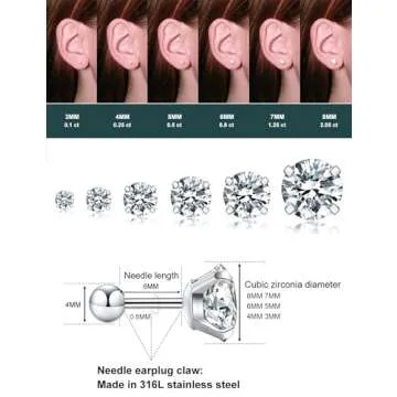 6 Pairs Stud Earrings Set Hypoallergenic Cubic Zirconia 316L Earrings with Secure Flat Back Earrings Surgical Steel Earrings for Cartilage & Everyday Gift-Ready Packaging