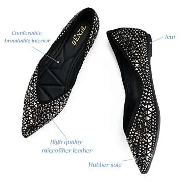 Flats Shoes Women Rhinestone Pointed Head Ballet Flats Comfortable Soft Memory Foam Insole Flat Shoes for Women Comfortable Dress Shoes Black Size 9.5