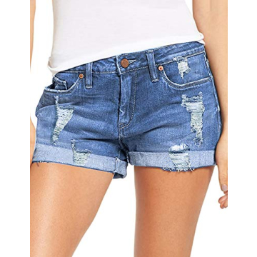 luvamia Womens Jean Shorts - High Waisted Stretchy Denim Shorts in Lapis Air Size Small