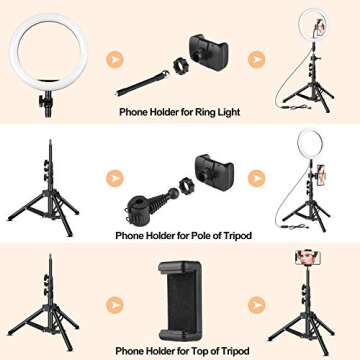 10 inch Ring Light with Tripod Stand - Rovtop LED Camera Selfie Light Ring with iPhone Tripod and Phone Holder for Video Photography Makeup Live Streaming, Compatible with iPhone and Android Phone