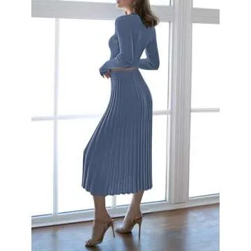 Pink Queen Matching Sets for Women Fall Knit Sweater Crew Neck Crop Top Bodycon Maxi Dress Concert Outfits Navy M