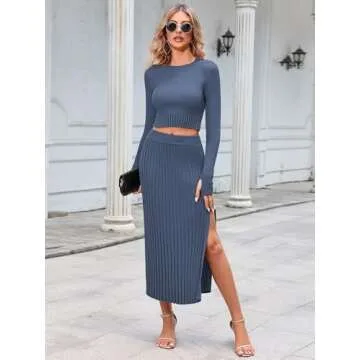 Pink Queen Matching Sets for Women Fall Knit Sweater Crew Neck Crop Top Bodycon Maxi Dress Concert Outfits Navy M