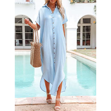 Dokotoo Plus Size Swimsuit Beach Cover Ups Summer Dresses for Women 2024 Fashion Vacation Button Down Long Kimonos Cardigan Short Sleeve Side Split Casual Solid Loose Fit Bathing Suit Sky Blue XLarge