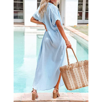 Dokotoo Plus Size Swimsuit Beach Cover Ups Summer Dresses for Women 2024 Fashion Vacation Button Down Long Kimonos Cardigan Short Sleeve Side Split Casual Solid Loose Fit Bathing Suit Sky Blue XLarge