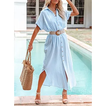 Dokotoo Plus Size Swimsuit Beach Cover Ups Summer Dresses for Women 2024 Fashion Vacation Button Down Long Kimonos Cardigan Short Sleeve Side Split Casual Solid Loose Fit Bathing Suit Sky Blue XLarge
