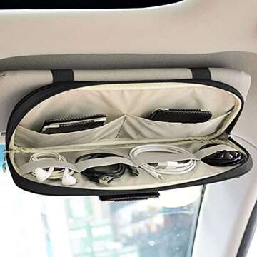 Da by Car Sun Visor Organizer, Multi-Pocket Visor Organizer Storage Pouch for Cars, SUVs & Trucks with Double Zippers, Elastic Bands & Glasses Clip - Organizes Essentials Keep Tidy (Black)