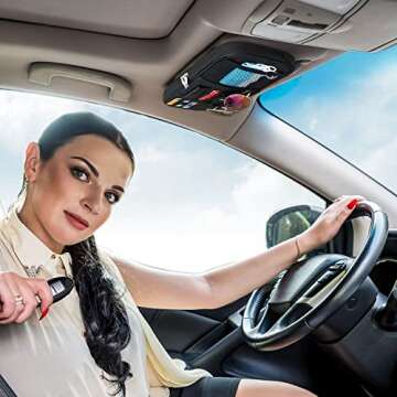 Da by Car Sun Visor Organizer, Multi-Pocket Visor Organizer Storage Pouch for Cars, SUVs & Trucks with Double Zippers, Elastic Bands & Glasses Clip - Organizes Essentials Keep Tidy (Black)