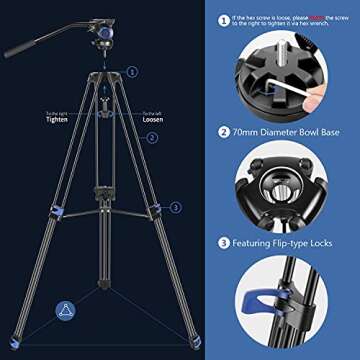 Neewer 76" Video Tripod Heavy Duty Aluminum Alloy Fluid Drag Head Left/Right Handle Intermediate Level Spreader for DSLR Cameras Camcorders, Load up to 15kg