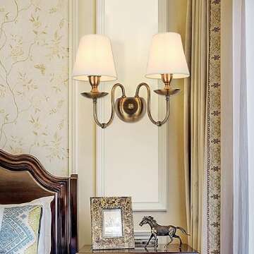 Aiwen 2-Light Bedroom Wall Lamps Polished Solid Brass Finish Wall Lights with White Flax Fabric Shad...