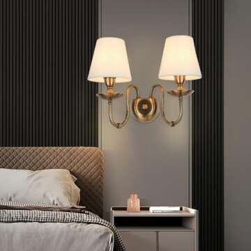 Aiwen 2-Light Bedroom Wall Lamps Polished Solid Brass Finish Wall Lights with White Flax Fabric Shade Vintage Reading Lights Wall Sconces for Bedside Hallway E12
