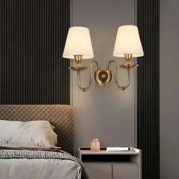 Aiwen 2-Light Bedroom Wall Lamps Polished Solid Brass Finish Wall Lights with White Flax Fabric Shade Vintage Reading Lights Wall Sconces for Bedside Hallway E12