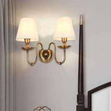 Aiwen 2-Light Bedroom Wall Lamps Polished Solid Brass Finish Wall Lights with White Flax Fabric Shade Vintage Reading Lights Wall Sconces for Bedside Hallway E12