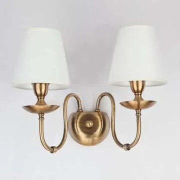 Aiwen 2-Light Bedroom Wall Lamps Polished Solid Brass Finish Wall Lights with White Flax Fabric Shade Vintage Reading Lights Wall Sconces for Bedside Hallway E12