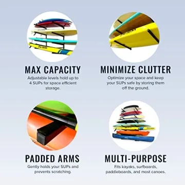 StoreYourBoard 4 Paddleboard Storage Rack, Adjustable Wall Mounted Indoor Garage Organizer, Standup Holds SUPs and Kayaks