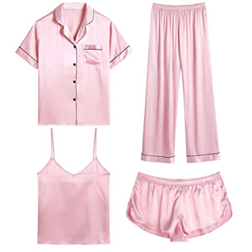 Elevate Your Lounging with SWOMOG Women's Silk Satin Pajama Set 4pcs Loungewear in Pink