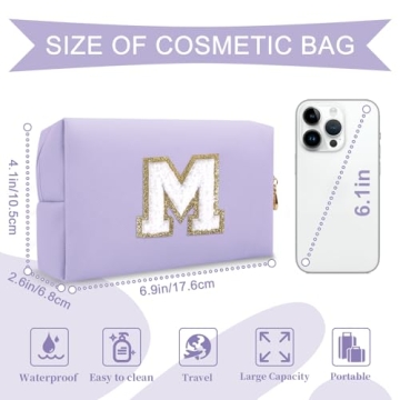Personalized Makeup Bag Initial A-Z Preppy Patch Bag,Small PU Leather Travel Cosmetic Bag Pouch with...