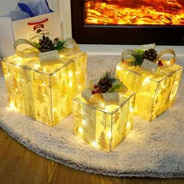 Twinkle Star Set of 3 Christmas Lighted Gift Boxes, Pre-lit Xmas Tree Skirt Ornament, Light Up Indoor Outdoor Christmas Pathway Present Box Holiday Party Yard Decorations