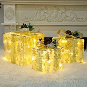 Twinkle Star Set of 3 Christmas Lighted Gift Boxes, Pre-lit Xmas Tree Skirt Ornament, Light Up Indoor Outdoor Christmas Pathway Present Box Holiday Party Yard Decorations