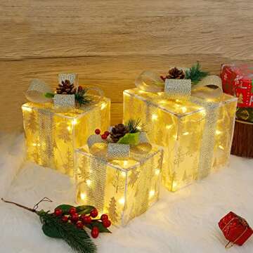 Twinkle Star Set of 3 Christmas Lighted Gift Boxes, Pre-lit Xmas Tree Skirt Ornament, Light Up Indoor Outdoor Christmas Pathway Present Box Holiday Party Yard Decorations