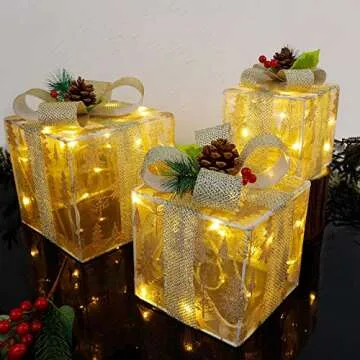 Twinkle Star Set of 3 Christmas Lighted Gift Boxes, Pre-lit Xmas Tree Skirt Ornament, Light Up Indoor Outdoor Christmas Pathway Present Box Holiday Party Yard Decorations