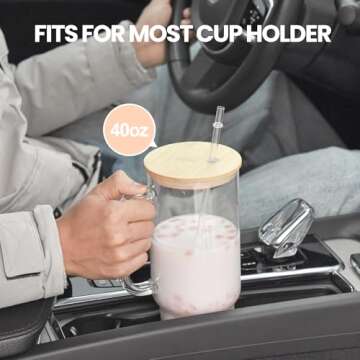 FECBK 40 oz Glass Tumbler with Handle 2 Pack Glass Cups with Lids and Straws Wide Mouth Iced Coffee ...