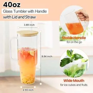 FECBK 40 oz Glass Tumbler with Handle 2 Pack Glass Cups with Lids and Straws Wide Mouth Iced Coffee Cups for Smoothie, Cocktail Beer, Soda, Fruit Juice, BPA Free with Bamboo Lids