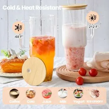 FECBK 40 oz Glass Tumbler with Handle 2 Pack Glass Cups with Lids and Straws Wide Mouth Iced Coffee Cups for Smoothie, Cocktail Beer, Soda, Fruit Juice, BPA Free with Bamboo Lids