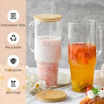 FECBK 40 oz Glass Tumbler with Handle 2 Pack Glass Cups with Lids and Straws Wide Mouth Iced Coffee Cups for Smoothie, Cocktail Beer, Soda, Fruit Juice, BPA Free with Bamboo Lids