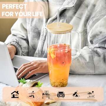 FECBK 40 oz Glass Tumbler with Handle 2 Pack Glass Cups with Lids and Straws Wide Mouth Iced Coffee Cups for Smoothie, Cocktail Beer, Soda, Fruit Juice, BPA Free with Bamboo Lids