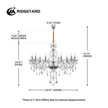 Ridgeyard 10 Lights Crystal Chandelier Luxurious K9 Crystal Ceiling Candle Pendant Lamp for Dining Living Room Bedroom Hallway Entry, Transparent