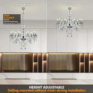 Ridgeyard 10 Lights Crystal Chandelier Luxurious K9 Crystal Ceiling Candle Pendant Lamp for Dining Living Room Bedroom Hallway Entry, Transparent