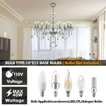 Ridgeyard 10 Lights Crystal Chandelier Luxurious K9 Crystal Ceiling Candle Pendant Lamp for Dining Living Room Bedroom Hallway Entry, Transparent