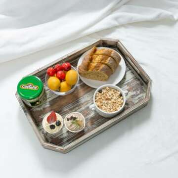 MyGift 16.5 Inch Torched Wood Decorative Tray, Octagon Shaped Wooden Board Drink Serving Platter wit...