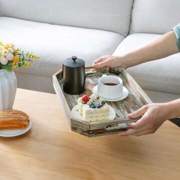 MyGift 16.5 Inch Torched Wood Decorative Tray, Octagon Shaped Wooden Board Drink Serving Platter with Cutout Handles, Table Centerpiece Base and Ottoman Home Decor