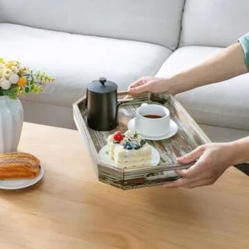 MyGift 16.5 Inch Torched Wood Decorative Tray, Octagon Shaped Wooden Board Drink Serving Platter with Cutout Handles, Table Centerpiece Base and Ottoman Home Decor