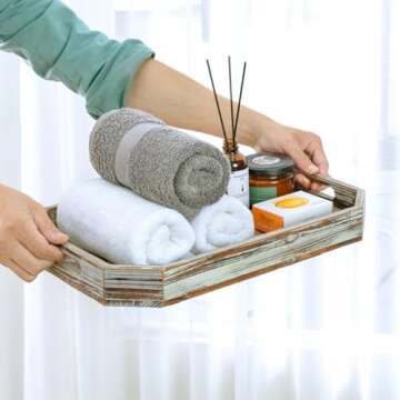 MyGift 16.5 Inch Torched Wood Decorative Tray, Octagon Shaped Wooden Board Drink Serving Platter with Cutout Handles, Table Centerpiece Base and Ottoman Home Decor