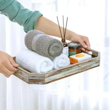 MyGift 16.5 Inch Torched Wood Decorative Tray, Octagon Shaped Wooden Board Drink Serving Platter with Cutout Handles, Table Centerpiece Base and Ottoman Home Decor