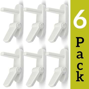 Door Lever Lock (6 Pack) Prevents Toddlers from Opening Doors. 3.25" L * 1.5" W * 4.5" H Easy One Hand Operation for Adults. Durable ABS with 3M Adhesive Backing. Simple Install, No Tools Needed.