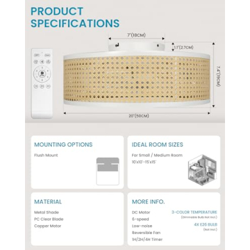 Frstem 20" Rattan Ceiling Fan with Light & Remote Control