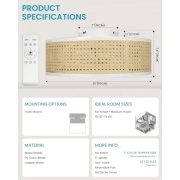 Frstem 20" Rattan Ceiling Fan with Light & Remote Control