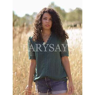 FARYSAYS Womens V Neck Short Sleeve Green Lace Shirts Polka Dot Blouses Comfy Breathable Loose Tunic Tops for Work Women X-Large