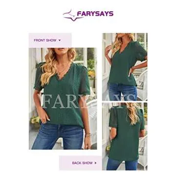 FARYSAYS Womens V Neck Short Sleeve Green Lace Shirts Polka Dot Blouses Comfy Breathable Loose Tunic Tops for Work Women X-Large