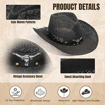Simplicity Men / Women's Summer Woven Straw Cowboy Hat, 2042_Black