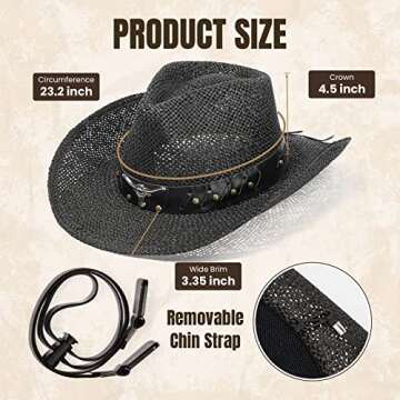 Simplicity Men / Women's Summer Woven Straw Cowboy Hat, 2042_Black
