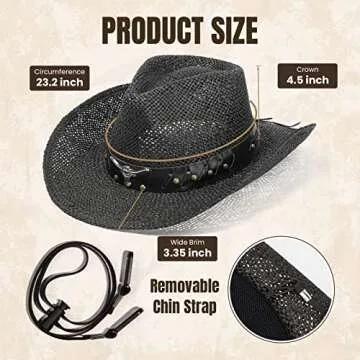 Simplicity Men / Women's Summer Woven Straw Cowboy Hat, 2042_Black