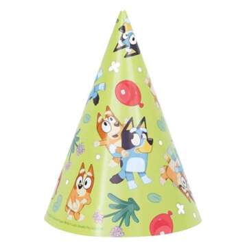 Unique Bluey Birthday Party Supplies Bundle includes 8 Party Hats, 8 Blowouts and 1 Dinosaur Sticker...