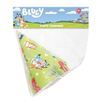 Unique Bluey Birthday Party Supplies Bundle includes 8 Party Hats, 8 Blowouts and 1 Dinosaur Sticker Sheet